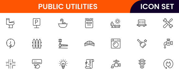 Public utilities vector line icons featuring water, electricity, gas, waste management, infrastructure, service meters, maintenance, power plants, and community resources.
