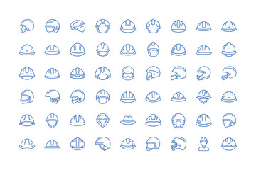 Collection of various helmets in blue outline style