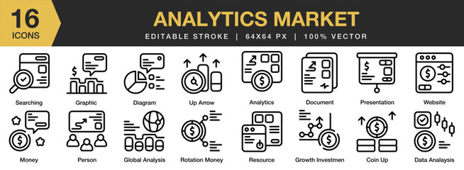 Analytics Market icon set. Editable Stroke Icon Collection. Includes analytics, business, marketing, graph, data, and More. Outline icons vector collection.