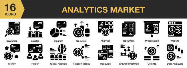 Analytics Market solid icon set. Includes analysis, chart, strategy, growth, management, and More. Solid icons vector collection.