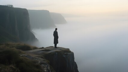 A solitary figure stands on a cliff edge, overlooking a misty sea with distant cliffs shrouded in fog.