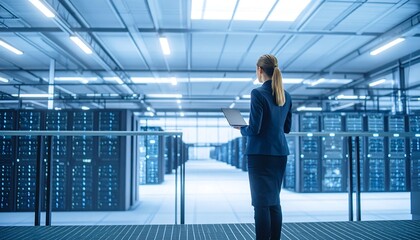 Woman in server room, overlooking racks