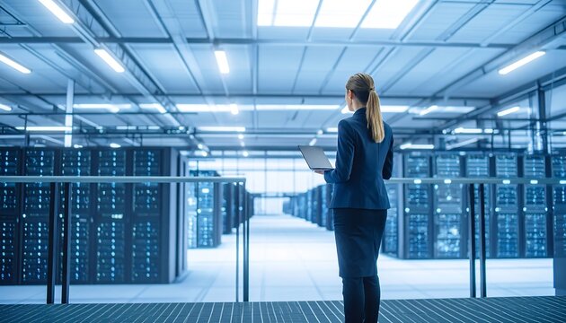 Woman in server room, overlooking racks