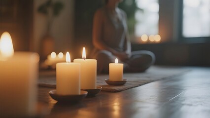 Candles lit in a serene room with a person meditating in the background