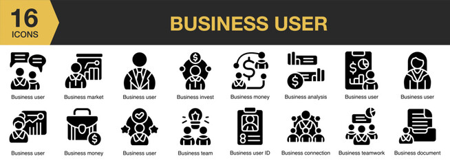 Business User solid icon set. Includes office, data, communication, strategy, social, and More. Solid icons vector collection.