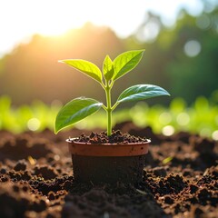 Sprout in pot, sunrise