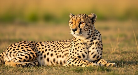A cheetah rests in the golden savanna light, its spotted coat blending with the dry grass.