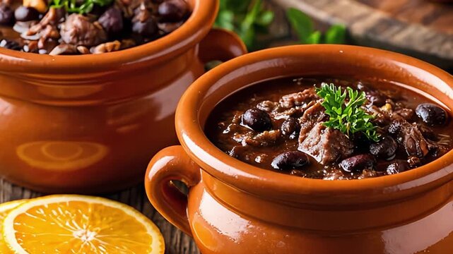 Brazilian feijoada featuring vibrant orange slices and fresh herbs, beautifully presented on a rustic wooden table, celebrating culinary tradition