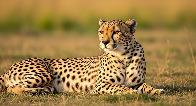 A cheetah rests in the golden savanna light, its spotted coat blending with the dry grass.