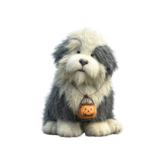 Adorable Bobtail Sheepdog Puppy with Halloween Pumpkin Treat Bag