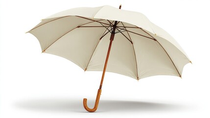 An open off-white umbrella with a wooden handle and tips, casting a shadow, against a white background