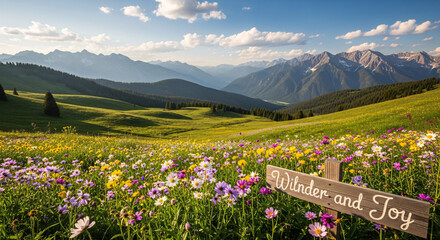 Lush Meadow of Colorful Wildflowers with Mountain View.