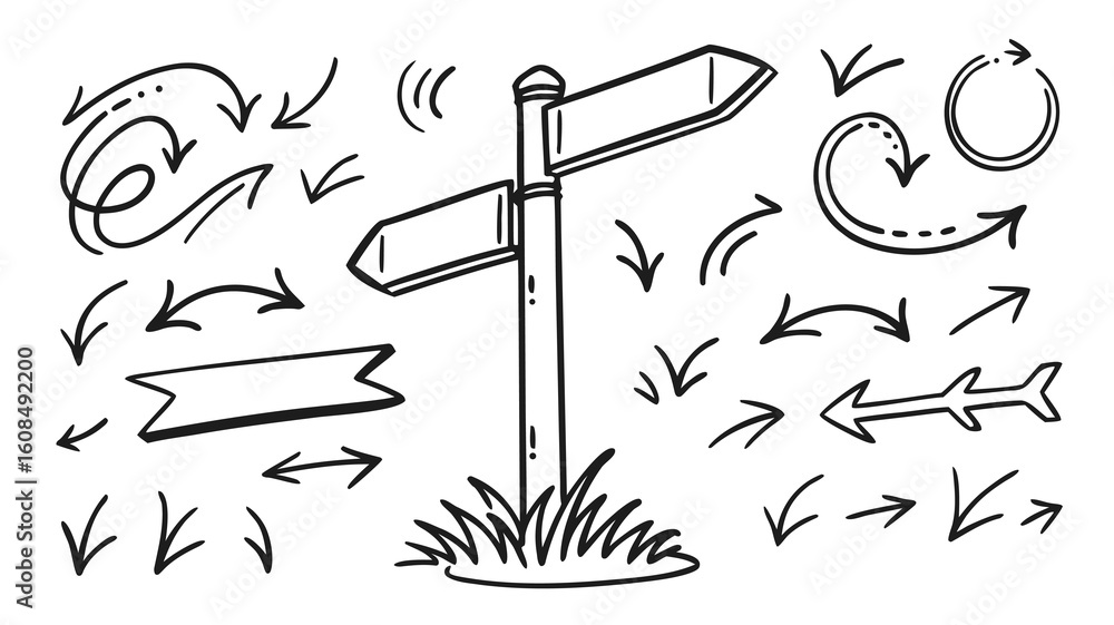 Poster vector hand drawn direction signpost with two signs surrounded by various arrow designs and a banner