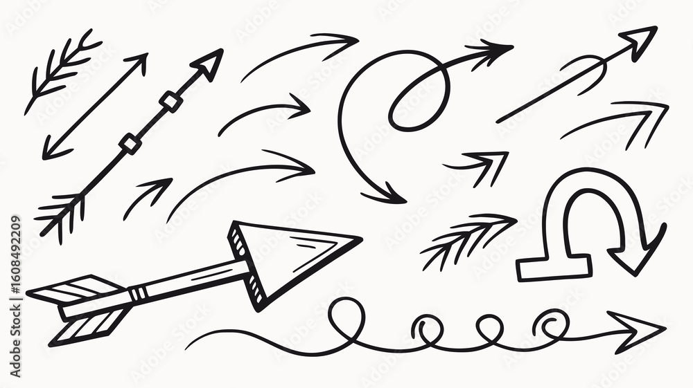Poster vector collection of hand drawn black arrows in various shapes and styles pointing in different dire