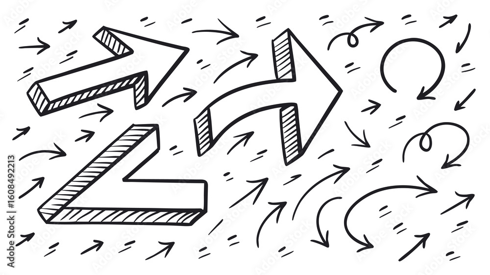 Poster vector hand drawn arrows pointing in various directions with different styles and shapes on a white 