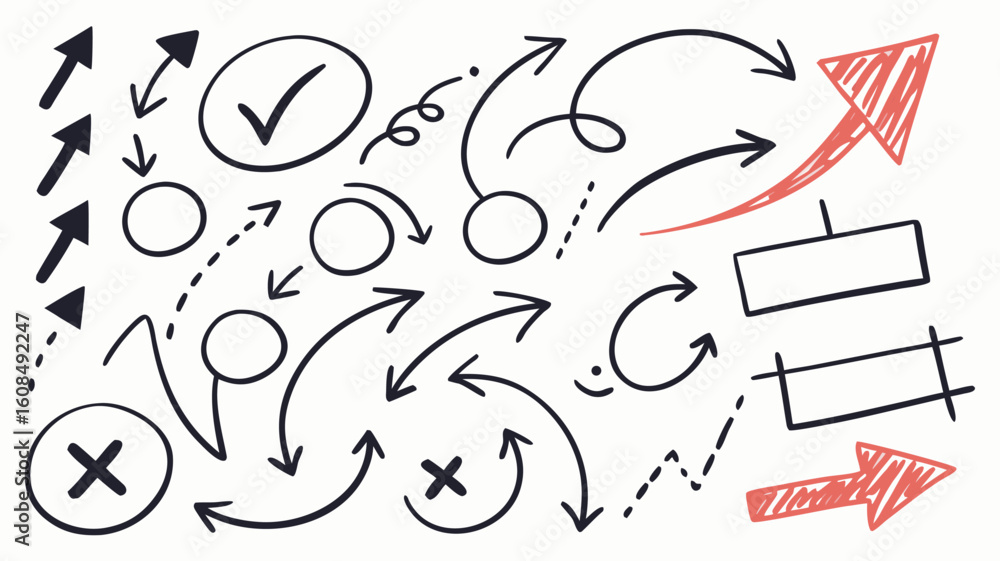 Poster vector hand drawn arrows circles checkmarks and crosses in black and red for diagrams and flowcharts