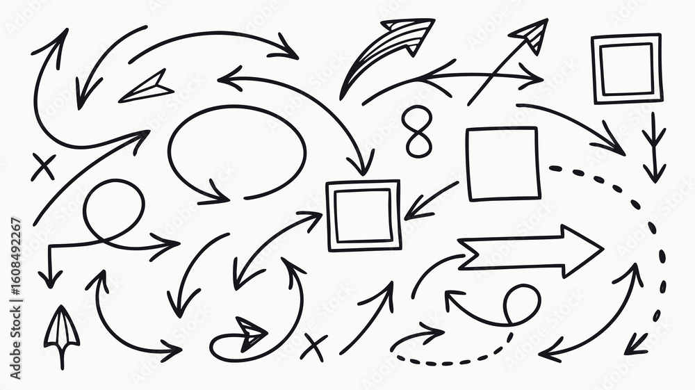 Poster vector collection of hand drawn black arrows and shapes on white background representing direction a
