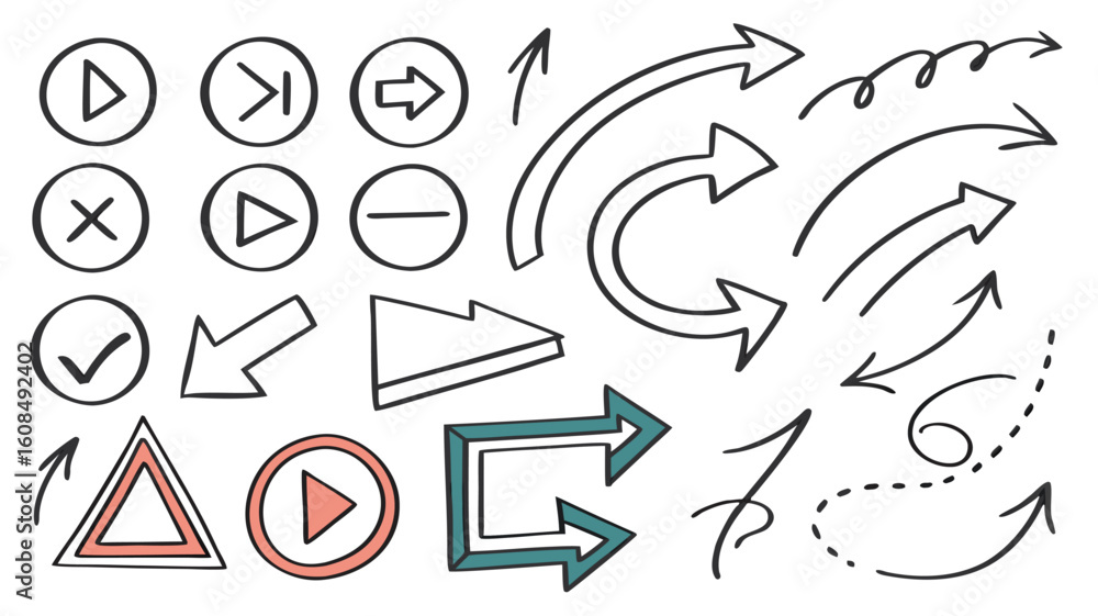 Poster vector collection of hand drawn arrows and symbols including play buttons check marks and directiona