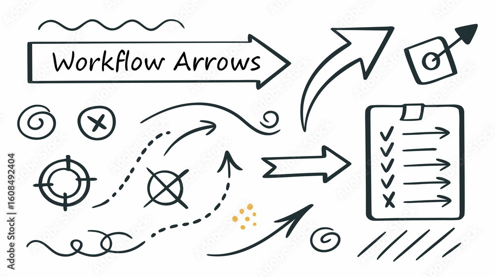Poster vector doodle style workflow arrows and symbols including check marks and targets in black and white
