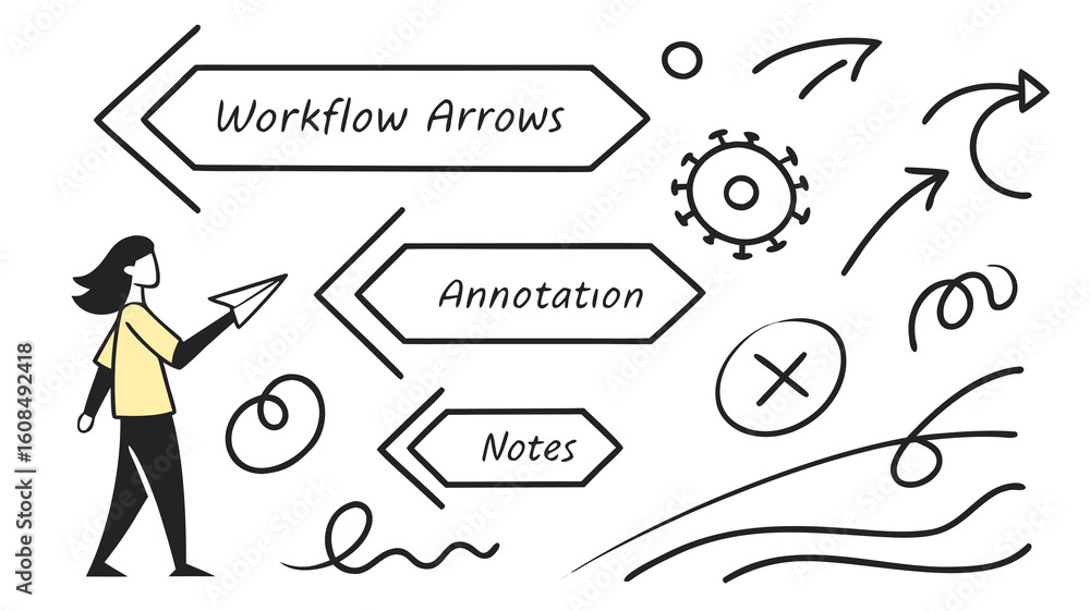 Poster vector illustration showing a woman throwing a paper airplane with workflow arrows and annotation no