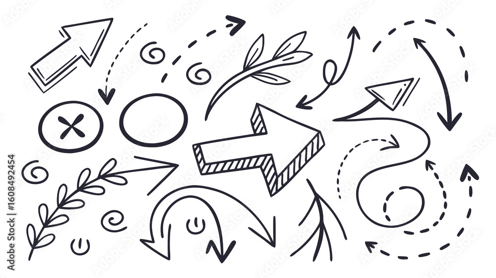 Poster vector collection of hand drawn arrows swirls and botanical elements in black and white doodle style