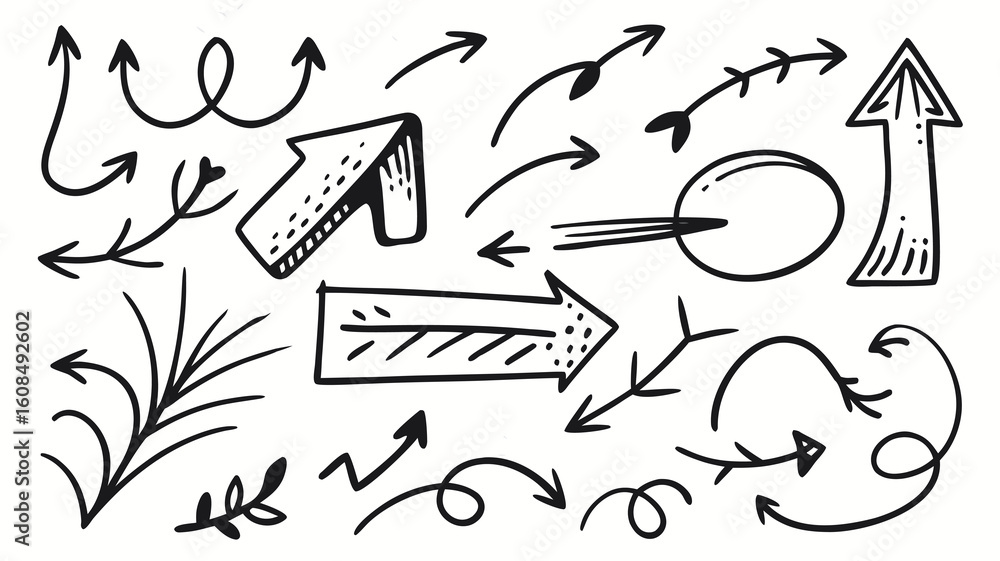 Poster vector collection of hand drawn doodle style arrows pointing in different directions on a white back