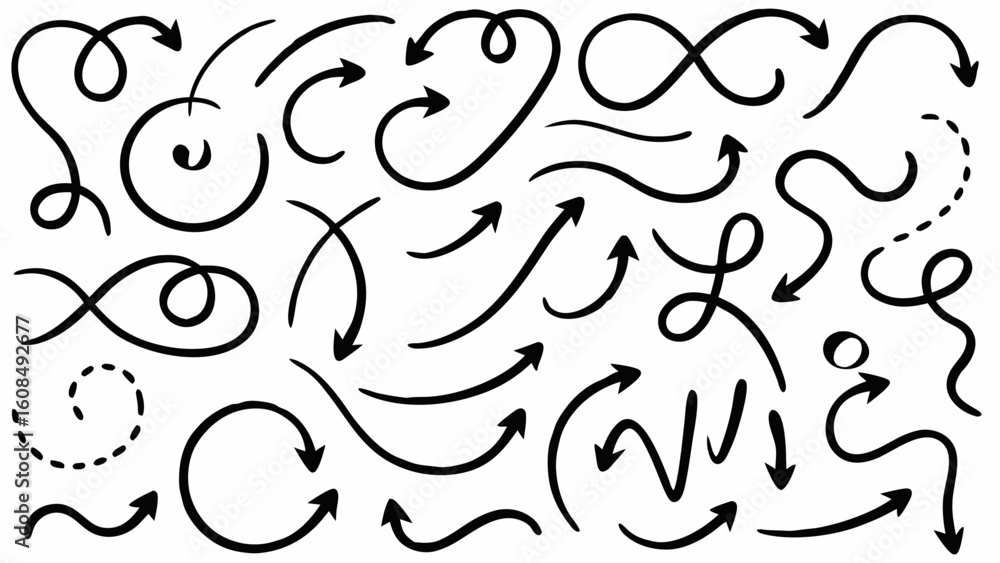 Poster vector collection of hand drawn black arrows with various shapes and directions on a white backgroun