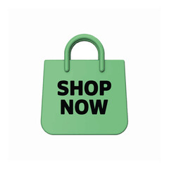 A vibrant green 3D shopping bag graphic with a 'Shop Now' prompt for web design