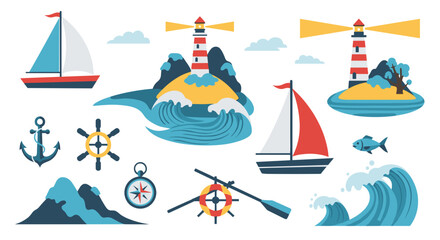 Illustration of nautical elements featuring sailboats lighthouses and maritime themed decorations