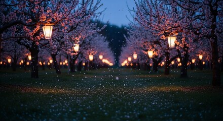 Obraz premium Enchanting Blossom Illumination: An Evening Stroll Through a Dreamy Orchard