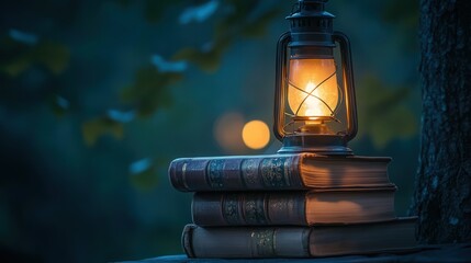 Books stacked beside a glowing lantern