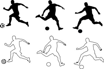 Soccer player icon set with ball in flat, outline, and silhouette style, ideal for athletic logos and sport designs