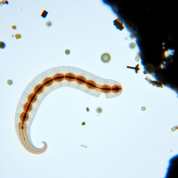Planarian parasite (flatworm) under microscope view.