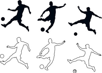 Football icon set showing multiple actions in outline and silhouette style, perfect for sports logos and game themes