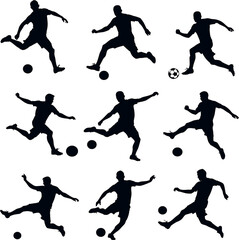 Soccer player silhouette icon set with ball in action poses, perfect for sports logos, branding, and athletic graphics