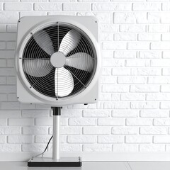 Square fan against white brick wall