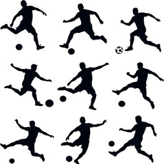Football player silhouette vector set with ball, multiple poses ideal for team logos, sportswear, and game design.