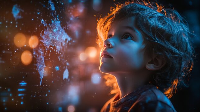 A young child gazes thoughtfully at a glowing digital world map, illuminated by blue and orange futuristic lights.