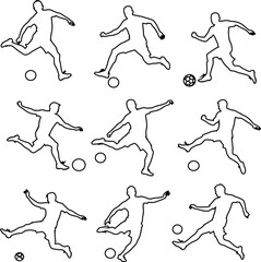 Outline icon set of soccer players with ball, great for football branding, club emblems, and athletic visuals