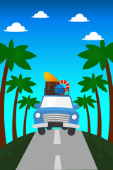 Blue Car Driving to Beach with Luggage and Surfboard
