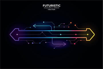 A modern arrow with a futuristic concept of vibrant, multi-colored neon lights running in both directions on a dark background, suggesting technological advancement and a motherboard. Tech Projects