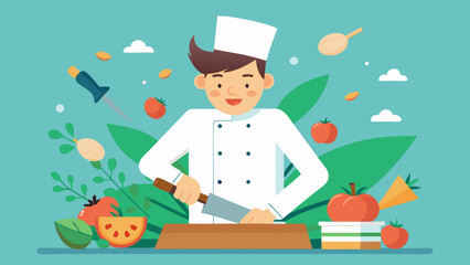 Chef Chopping Herbs Rapidly On Cutting Board