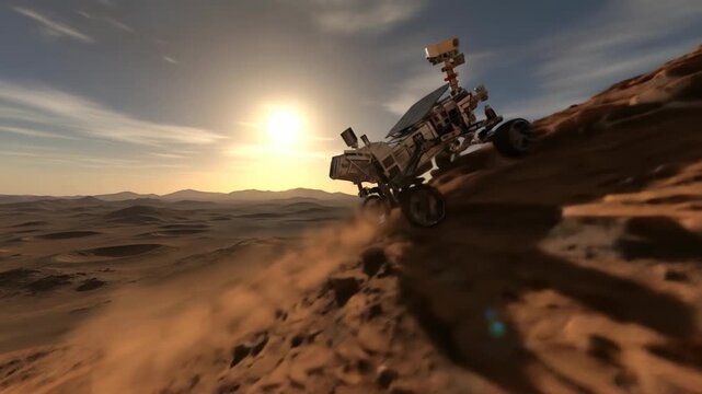 Mars Rover Navigating Rocky Red Desert Terrain During Sunset with Dynamic Motion