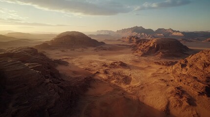 Natural landscape of arid desert with large rock formations and red mountainous regions in the distance.