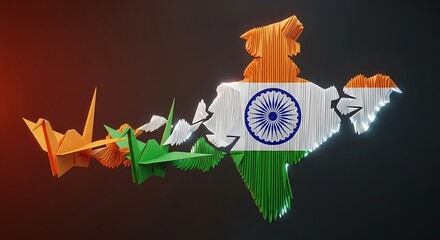 Origami India Map with Cranes: Tricolor Paper Art on Dark Backdrop