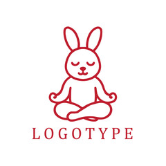 red and white monoline logo of a meditating bunny with closed eyes and crossed legs, radiating peaceful, zen-inspired energy.