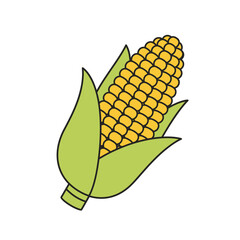 Stylized Corn Cob with Green Husks and Black Outlines, Isolated