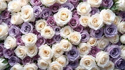 Close-up of densely packed white and purple roses, offering a soft, elegant texture for greeting cards, romantic themes, wedding decor, wedding invitations, spring, or beauty branding