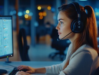 The woman is focused on her work at the call center, wearing a headset and monitoring screens. She is handling calls from clients during the night shift.
