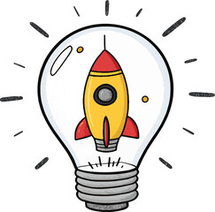 Yellow and red rocket ship inside a light bulb with radiating lines on white background